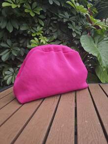 Women's Knitted Clutch Bag, Solid Color Knitted Design, Clasp Closure, Large Capacity, Classic Vintage Style, Suitable For Vacation And Travel. - Hot Pink - View 3