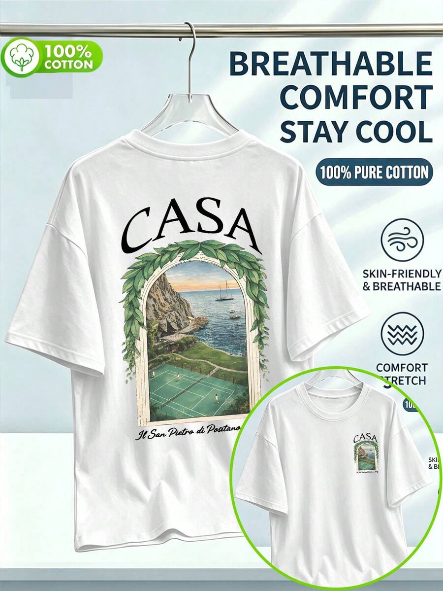 ChristmasCASA Vintage Serif Lettering With Green Leaves And Bay Window Print, Full Positano Coast Golf Course Sea View Design, Hot Item - White - View 1