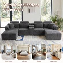 Sofá modular de lujo con forma de U, de 147 pulgadas, convertible en cama, con tapizado de pana, para sala de estar, cine en casa, villa, apartamento y estudio. No requiere montaje. - Gris - Ver 6