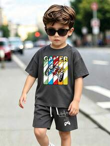 青少年男孩游戏机印花圆领短袖 T 恤和短裤套装 - 深灰色 - 查看 1