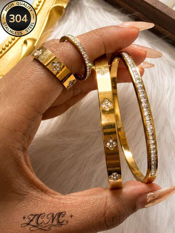 4pcs 18k Gold Plated Women's Luxury Exquisite High-End Pointed Flower Ring & Bracelet Jewelry Set, 304 Stainless Steel Durable Stackable, Perfect Gift Accessory For Halloween Costume Party, Christmas, New Year, Thanksgiving, Valentine's Day Anniversary