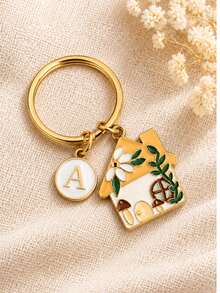 Ocean Blue Mushroom House Enamel Keychain With Floral Element Letter Charm, Couple Best Friend Exclusive Bag Pendant - Multicolor 4 - View 7