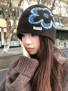 1件女款提花鬆鬆針編織帽，保暖護耳冬季大尺寸帽子 - 多色 - 查看 6