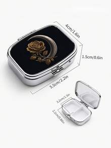 1pc Exquisite Black & Gold Rose Pattern Square Portable Metal Pill Box, Dual Compartment Small Item Storage Box, Suitable For Pills, Vitamins, Earrings, Rings, Pocket Size, Travel Bag - Multicolor - View 5