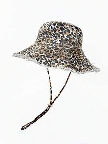 1pc Women's Spring Summer Autumn Bucket Hat, American Retro Leopard Print Frayed Edge Wide Brim Fisherman Hat, Windproof Drawstring Sun Hat, Versatile Distressed Denim Bucket Hat, Suitable For Outdoor, Travel, Daily Use, Back To School Season - Bucket Hat - View 5