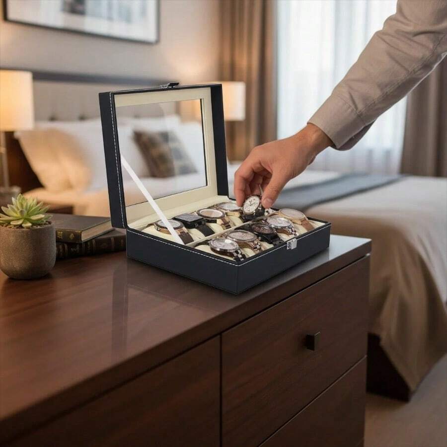 12-Slot Transparent Window Watch Storage Box, Gray PU Leather Display Case, Soft Velvet Lining, Metal Clasp - Multicolor - View 1