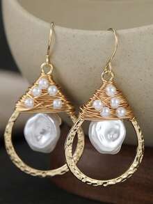 DIYCCPC Pendientes de perla falsa asimétricos creativos y de moda, accesorio versátil para mujeres con elegancia elegante - Dorado - Ver 8