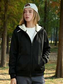 Áo khoác hoodie nỉ dày lót lông cừu giữ nhiệt cho nữ, áo nỉ kéo khóa ấm mùa thu/đông - màu đen - Xem 3