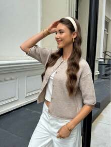 Spring/Summer Women's Simple Elegant College Style Single-Breasted Knit Cardigan Fall - Brown - View 4