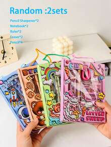 Random 2 Sets Cartoon Stationery Gift Box, Includes Astronaut, Bear, Tiger, Sheep 4 Cute Themes, Complete Set With Pencil, Ruler, First Day Of School - Multicolor - View 8