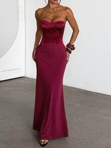 Robe corset sans bretelles bordeaux d'été pour femmes, robe de soirée élégante pour les rendez-vous, les rassemblements, les fêtes, les vacances - Rouge foncé - Voir 5