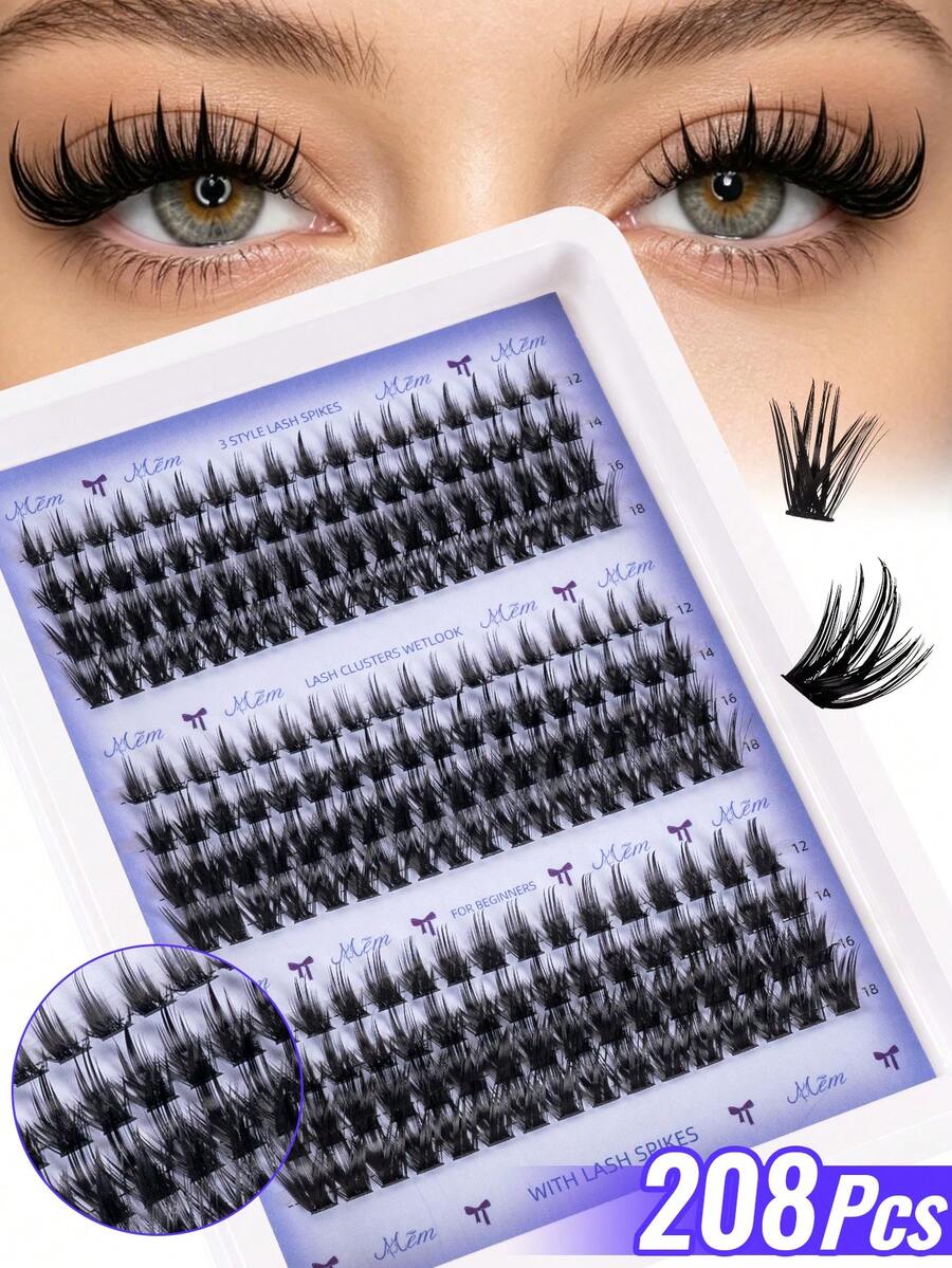 MEM 208 Clusters Of Long, Slender Eyelash Extensions (12–18mm); Cartoon-Style, Lightweight, Soft, And Fluffy; Suitable For Individual Application; DIY False Lashes; Ideal For Halloween And Christmas.