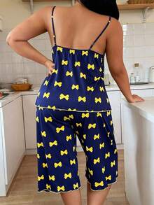 Women's Plus Size Milk Silk Bowknot Strap Long Nightgown - Navy Blue - View 2