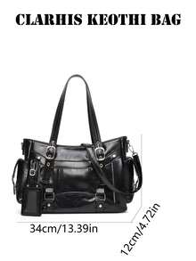 Minimalist Women's Utility Tote Bag In Black, With Zipper Compartments, Buckle Strap Design And Spacious Storage For Casual Outings And Travel - Black - View 2