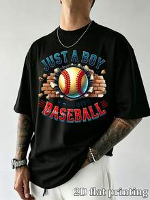 Vintage Just A Boy Who Loves Baseball Graphic Print Men's Oversized Crew Neck Short Sleeve T-Shirt, Casual Loose Fit Everyday Wear Streetwear Top, Com - Black - View 2