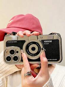 Vintage Camera Shaped Electroplated Phone Case With Crossbody Strap, Precision Lens Hollow Anti-Drop Shell, Compatible With Apple 17Pro Max/17Pro/17/16Pro Max/16Pro/15Pro Max/14Pro Max/14/13/13Pro/13Pro Max - Black - View 4