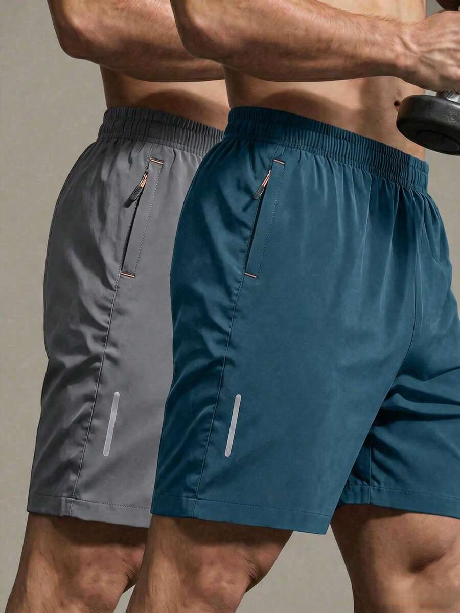 2 piezas Pantalones cortos deportivos casuales sueltos de alto rendimiento de secado rápido para hombres, con diseño de franja reflectante, bolsillos, cremallera y cordón en la cintura - Multicolor - Ver 1