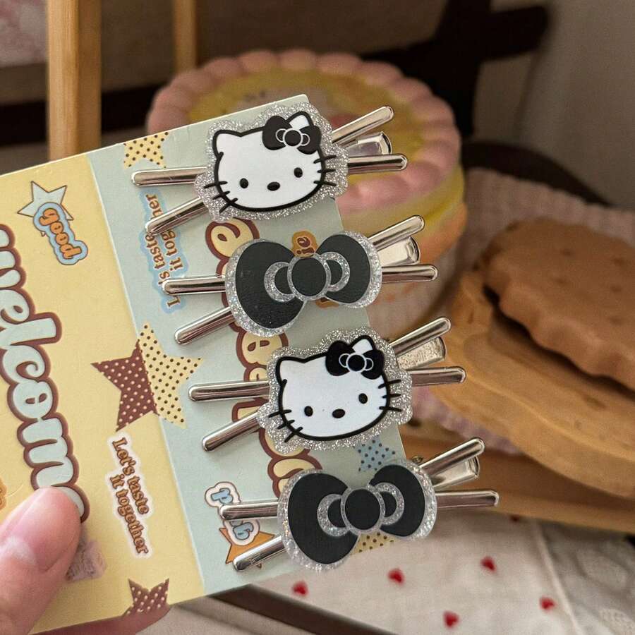 2款/Sanrio Hello Kitty 甜美酷黑貓蝴蝶結髮夾,日系甜美女孩風,適合女孩日常、外出、派對穿著,開學、生日、情人節、聖誕節、萬聖節完美禮物(混色套裝隨機發貨) - kt髮夾 - 查看 1