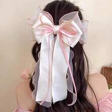 1 Piece Beige Mesh Oversized Bow Wave Ribbon Double-Layer Woven Ribbon Spring Clip Spring Elegant Gentle Half-Up Hair Clip Hair Accessory - Rice - View 6