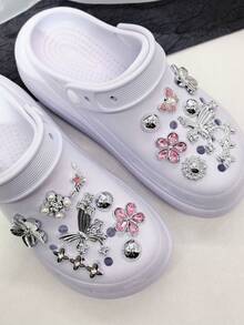 16pcs Shiny Rhinestone Flower Resin Shoe Charms, Luxury Silver & Pink Butterfly Clogs Shoe Clips, DIY Decoration Faux Pearl Shoe Accessories - Multicolor - View 10