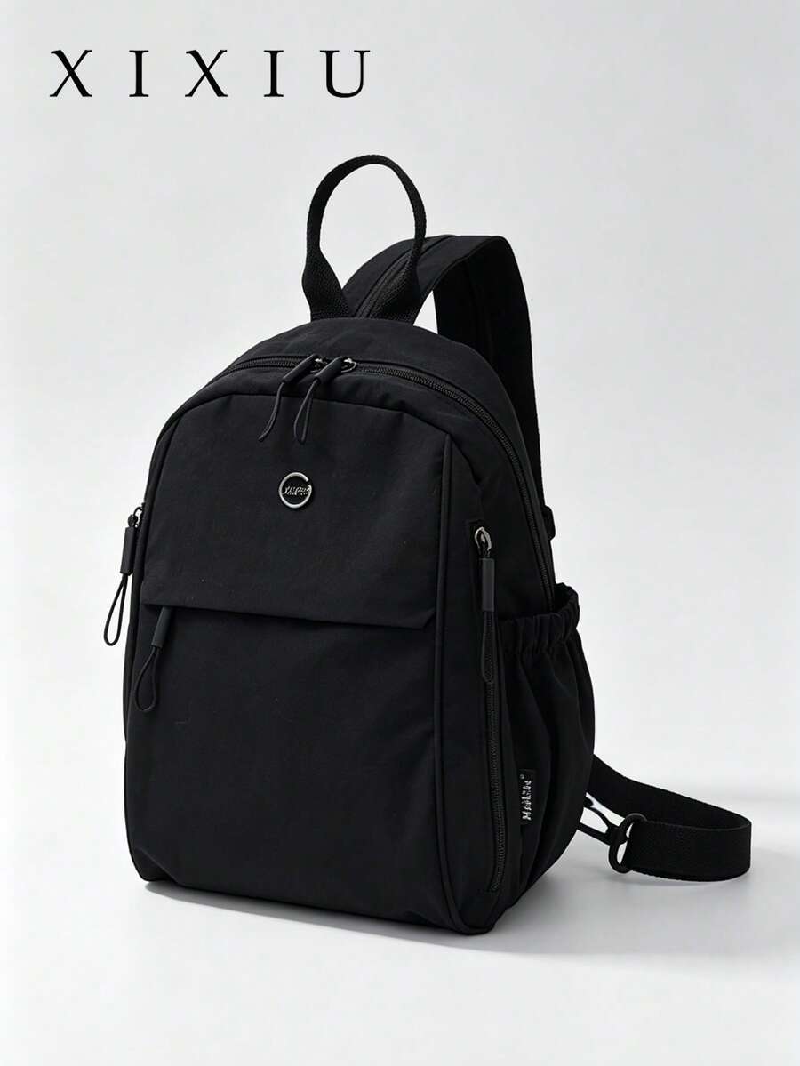 Women's Backpack Solid Color Nylon Fabric Zipper Detail Large Capacity Casual Style For School Daily Use - Black - View 1