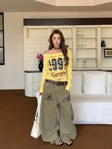 Women's American Star Print Yellow Long Sleeve Asymmetrical Neck T-Shirt, Slimming Design Base Layer Top For Autumn - Yellow - View 5