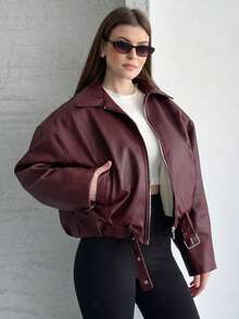 Women's Oversized Faux Leather Zip-Up Jacket Drop Shoulder Belted Bomber Coat Black - Burgundy - View 4