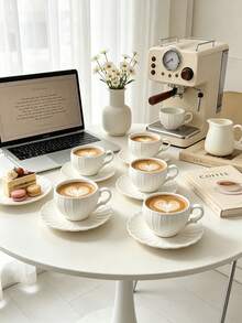 6pcs/1pc European Style Pumpkin Shaped Ceramic Coffee Cups 90ml/3oz, Includes 6pcs Tea Cups And Saucers, Cup Body With Embossed Vertical Stripe Design, Edge Decorated With Daisy Petal-Shaped Wavy Decoration - Creamy White - View 9