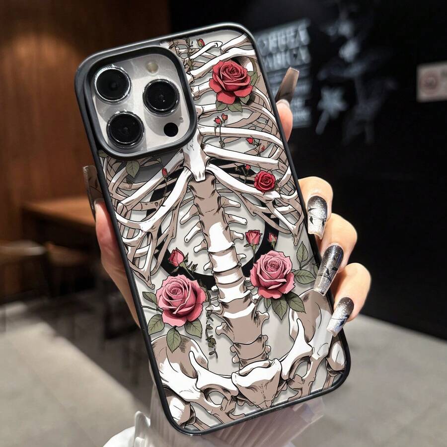哥德式肋骨與玫瑰印花磁吸手機殼,適用 16 15 14 13 12 ProMax、Apple 14Plus 15Plus、S24 S23 S22 Ultra,全包覆防震軟邊硬背 MagSafe 無線充電個性暗黑風保護殼 - 黑色 - 查看 1