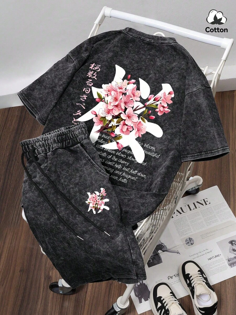 junto de Camiseta y Pantalones Cortos para Hombre, Estilo Urbano Japonés con Estampado de Flores de Cerezo, Ligeramente Elástico, Negro Lavado, Casual para Uso Diario, 2 Piezas, Transpirable - Esquema de color de la imagen principal - Ver 1