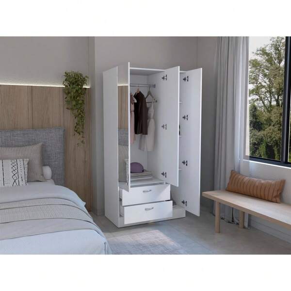 Wardrobe With 3 Doors, One With Mirror, Two Drawers, Four Shelves And Hanging Bar, White