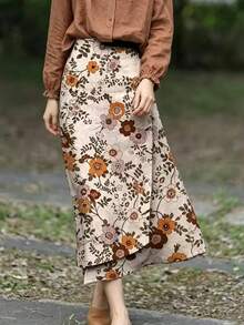 Pastoral Mori Style Vintage Floral Print Midi A-Line Skirt With Ruffle Hem, Slimming Literary Design - Multicolor - View 3