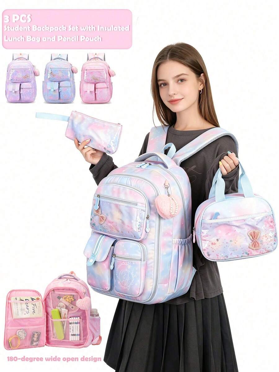 3件組大容量女款學生後背包，附毛絨球吊飾，180°全開式多隔層設計，側邊網袋可放水壺