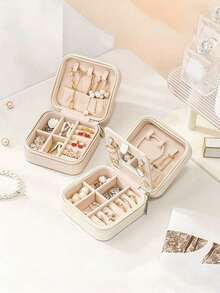 1pc Travel Jewelry Storage Box, Zipper Jewelry Box, Mini Jewelry Organizer, Necklace & Earring Storage Box With Mirror, Pink Travel Essential, Suitable For Vacation, Beach, Bathroom, Bedroom And Other Places, Women's Gift - Multicolor - View 4