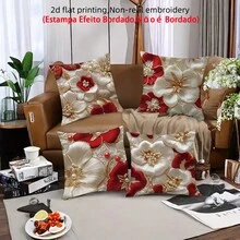 4件套奢华红金珍珠花卉刺绣图案抱枕套，2D印花法式复古抱枕套，涤纶面料单面印花，适用于节日派对、卧室、客厅、沙发、床头装饰，可机洗（不含枕芯） - 紅白色 - 查看 4