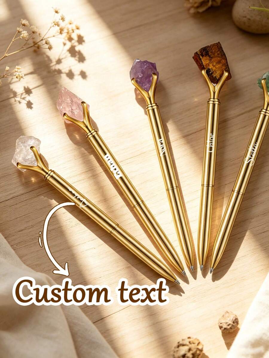 Personalized Natural Crystal Stone Metal Pen, Custom Logo Pen, Colleague Gift, Employee Appreciation Gift, Corporate Gift, Office Team Gift - Round - View 1