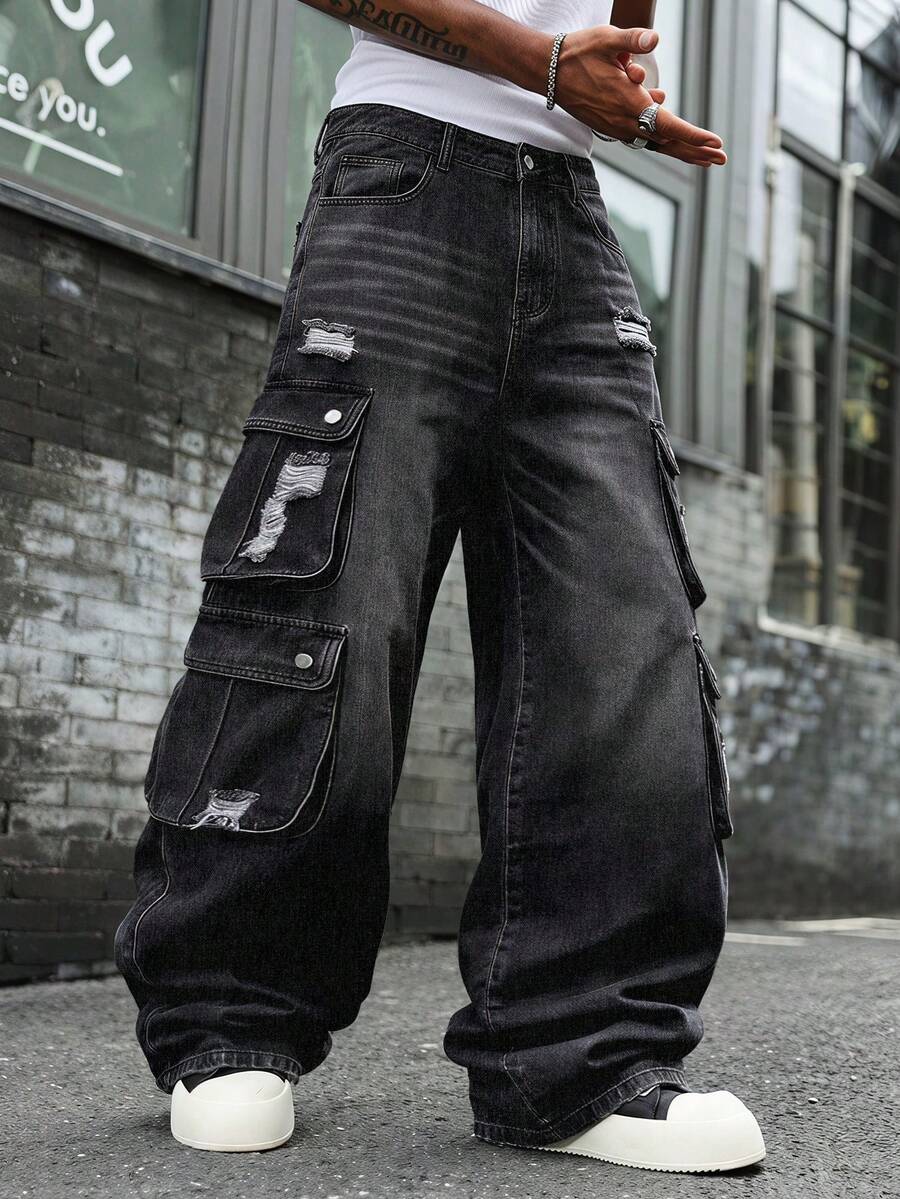 Men Retro Black Wash Multi Pocket Cargo Jeans, Distressed Ripped Baggy Wide Leg Y2K Streetwear Denim Pants - Black - View 1