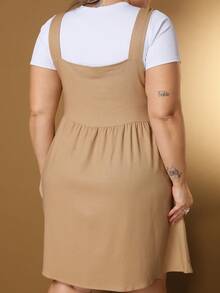 New Plus Size Linen Button-Down Short Dress With Pockets - Mocha Brown - View 7