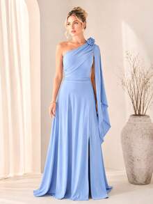 Bridesmaid Dress For Parties, Guests, Receptions, Graduations, Without Glitter, Cape Sleeves In Flowing Fabric With A Flower Brooch. - 藍色寧靜 - 查看 1