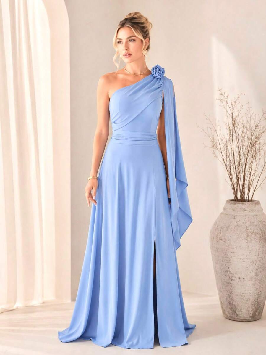 Bridesmaid Dress For Parties, Guests, Receptions, Graduations, Without Glitter, Cape Sleeves In Flowing Fabric With A Flower Brooch. - 藍色寧靜 - 查看 1