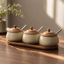 1pc/2pcs/3pcs Japanese Style Ceramic Seasoning Jar Set With Wooden Lid, Wooden Spoon And Tray, Kitchen Salt, Sugar, Pepper, Chili Powder, Chicken Powder Seasoning Bottle, Suitable For Home, Hot Pot Restaurant And More - Stoneware+Brown - View 1