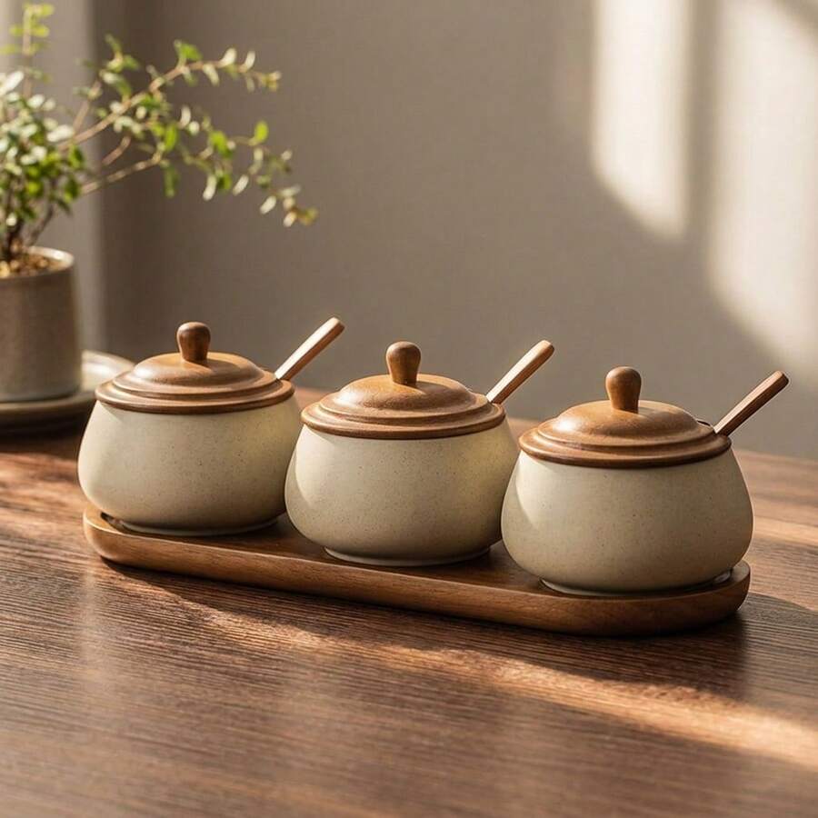 1pc/2pcs/3pcs Japanese Style Ceramic Seasoning Jar Set With Wooden Lid, Wooden Spoon And Tray, Kitchen Salt, Sugar, Pepper, Chili Powder, Chicken Powder Seasoning Bottle, Suitable For Home, Hot Pot Restaurant And More - Stoneware+Brown - View 1