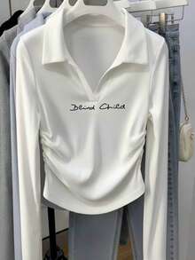 Korean Style Gentle V-Neck Long Sleeve T-Shirt For Women, Side Ruched Cinched Waist Versatile All-Match Layering Top Casual White - White - View 3