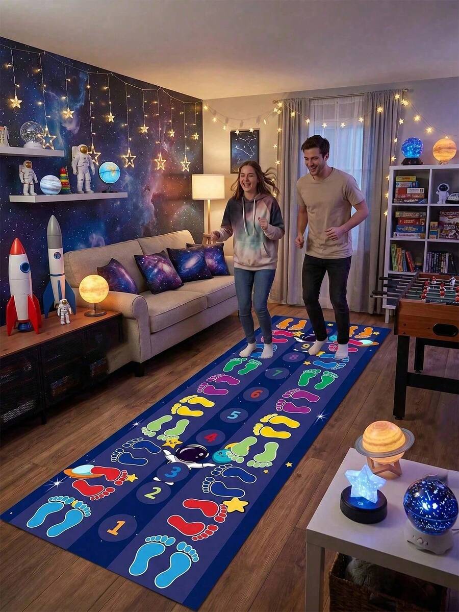 1pc Space Theme Activity Mat, Colorful Footprint & Astronaut Print Polyester Fiber Play Mat, Rectangular Game Rug Suitable For Indoor/Outdoor Games, Birthday Parties, Family Gatherings, Summer Backyard, Game Room, Bedroom, For Kids - A - View 1