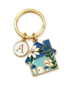 Ocean Blue Mushroom House Enamel Keychain With Floral Element Letter Charm, Couple Best Friend Exclusive Bag Pendant - Multicolor 4 - View 5