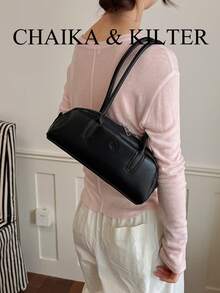 CHAIKA & KILTER 1件裝純色PU布料女款時尚波士頓保齡球肩背包，金屬孔眼裝飾，雙手柄設計，拉鍊開合，適合日常與街頭使用 - 黑色 - 查看 9