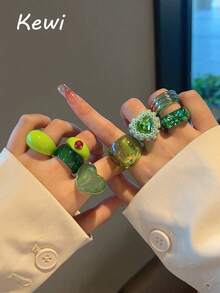 8pcs/Set Green Rhinestone Heart Design Fashion Ring Set, Layered Rings Jewelry Gift For Women, Girls, Friends, Suitable For Daily, Party, Travel Occasions - 8 Sets KRMS10-29 - View 1
