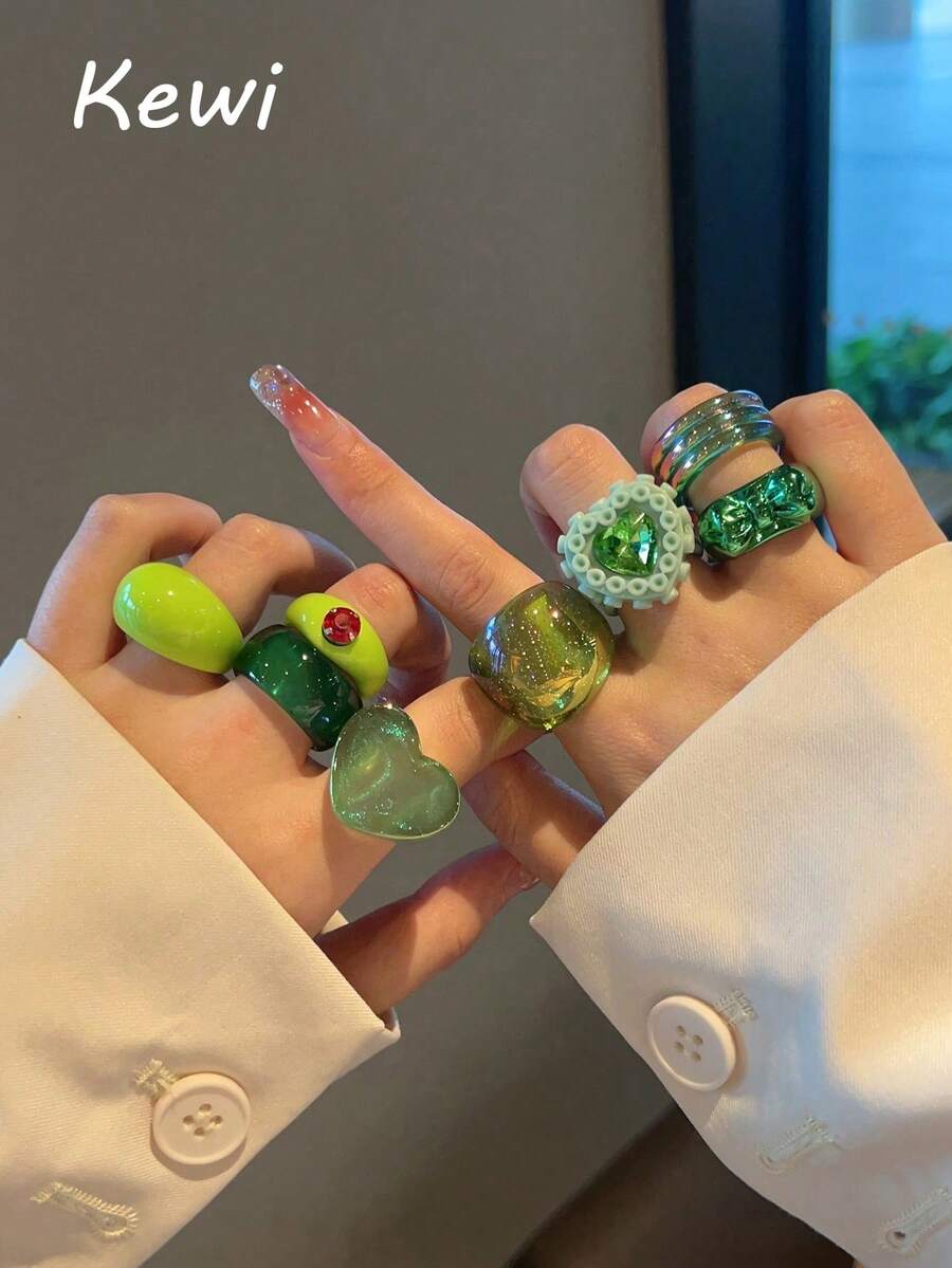 8pcs/Set Green Rhinestone Heart Design Fashion Ring Set, Layered Rings Jewelry Gift For Women, Girls, Friends, Suitable For Daily, Party, Travel Occasions - 8 Sets KRMS10-29 - View 1