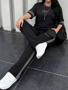 Spring/Autumn Plus Size Women's New Crew Neck Short Sleeve T-Shirt & Casual Elastic Waist Loose Long Pants 2 Pieces Set Elegant Summer - Black+Gray - View 8