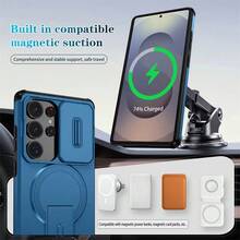 可折疊支架手機殼，附可滑動相機蓋，適用 Galaxy S26Ultra S25Ultra S24Ultra S23Ultra S22Ultra /A17/A26/A36/A55/A37/A57/A56/A16，相容 S24/S24 FE/S25/S25/S25 FE 與 8 9 10 A PRO，磨砂質感防震保護手機殼，滑蓋手機殼，時尚手機殼，手機配件，夏季禮物 - 藍色 - 查看 8